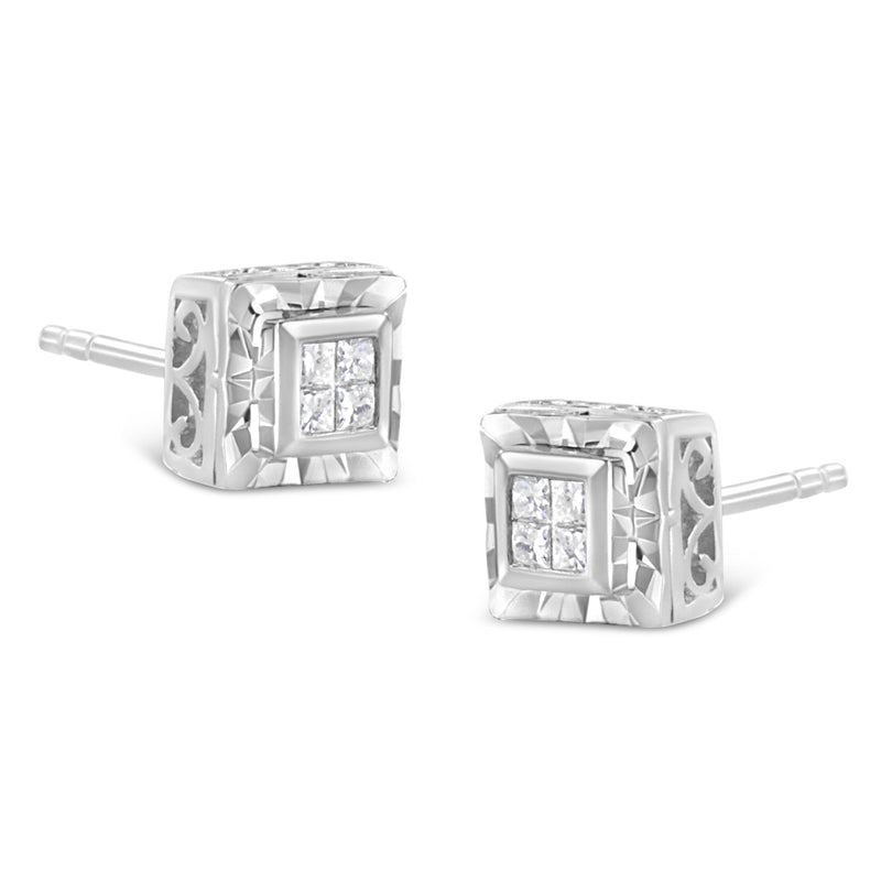Bids.com .925 Sterling Silver 1/6 Cttw Invisible Set Princess-Cut Diamond Quad Composite Stud Earrings (H-I Color, I1-I2 Clarity) Earrings