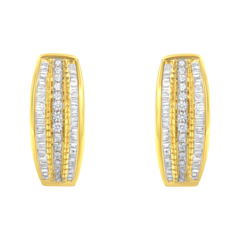 Bids.com 10K Yellow Gold 3/4 Cttw Pave and Channel Set Diamond Triple Row Modern Hoop Earrings (I-J Color, I2-I3 Clarity) Earrings