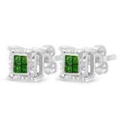 Bids.com Sterling Silver Color Treated Princess Diamond Quad Stud Earring (1/2 cttw, Green Color, I1-I2 Clarity) Earrings