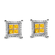 Bids.com .925 Sterling Silver 1/2 Cttw Yellow Princess Diamond Quad Stud Earring Earrings