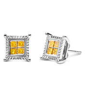 Bids.com .925 Sterling Silver 1/2 Cttw Yellow Princess Diamond Quad Stud Earring Earrings