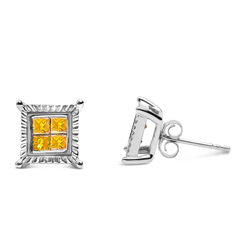 Bids.com .925 Sterling Silver 1/2 Cttw Yellow Princess Diamond Quad Stud Earring Earrings