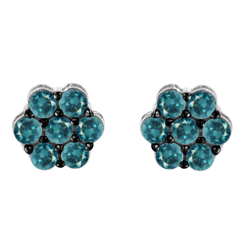 Bids.com Sterling Silver Treated Blue Diamond Floral Stud Earrings (1 cttw, Blue Color, I2-I3 Clarity) Earrings