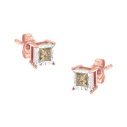 Bids.com 14K Rose Gold Plated Two-Tone .925 Sterling Silver 1/2 Cttw Princess-Cut Square Diamond Solitaire Miracle-Plate Stud Earrings (K-L Color, I2-I3 Clarity) Earrings