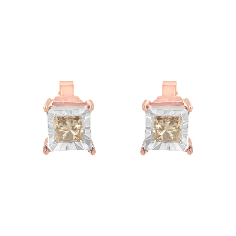 Bids.com 14K Rose Gold Plated Two-Tone .925 Sterling Silver 1/2 Cttw Princess-Cut Square Diamond Solitaire Miracle-Plate Stud Earrings (K-L Color, I2-I3 Clarity) Earrings