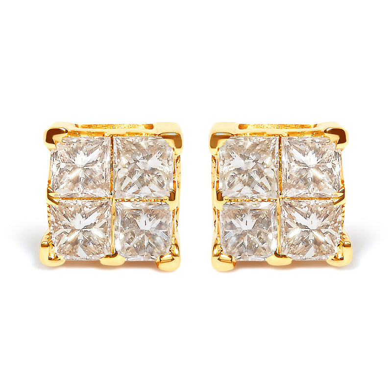 Bids.com 10K Yellow Gold 3/4 Cttw Invisible Set Princess-Cut Diamond Composite Square Stud Earrings (I-J Color, I2-I3 Clarity) Earrings