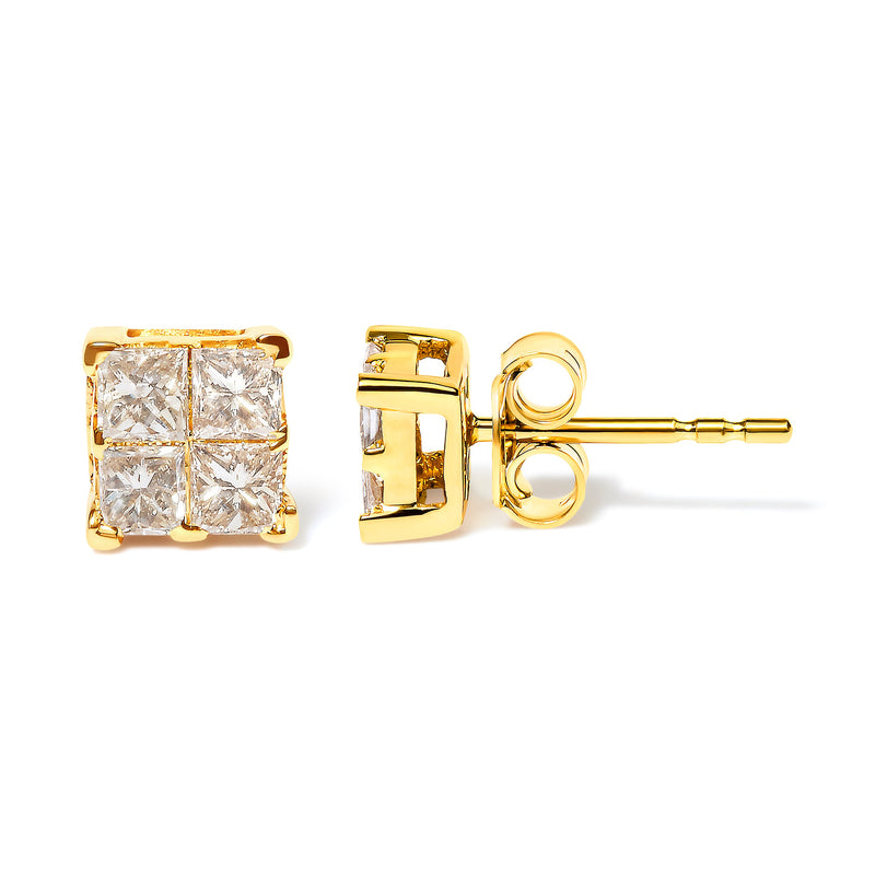 Bids.com 10K Yellow Gold 3/4 Cttw Invisible Set Princess-Cut Diamond Composite Square Stud Earrings (I-J Color, I2-I3 Clarity) Earrings