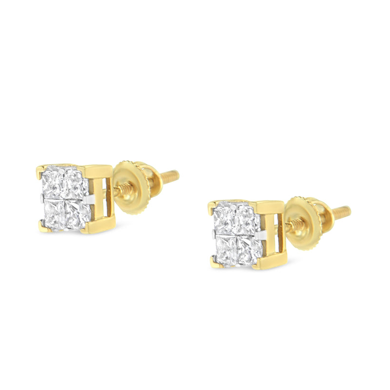 Bids.com 10K Yellow Gold 3/4 Cttw Invisible Set Princess-Cut Diamond Composite Square Stud Earrings (I-J Color, I2-I3 Clarity) Earrings