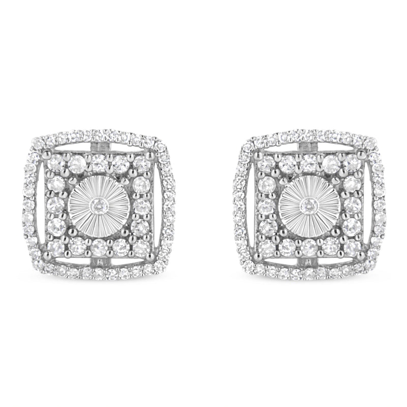 Bids.com .925 Sterling Silver 1.0 Cttw Round Diamond Double Halo and Disc Stud Earring (I-J Color, I2-I3 Clarity) Earrings