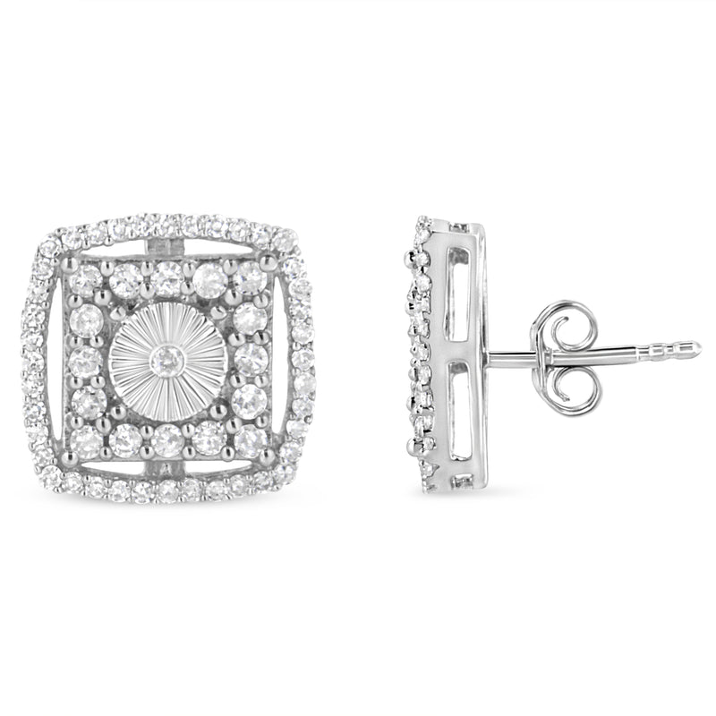 Bids.com .925 Sterling Silver 1.0 Cttw Round Diamond Double Halo and Disc Stud Earring (I-J Color, I2-I3 Clarity) Earrings