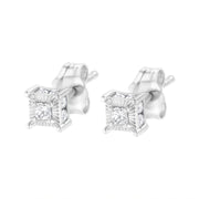 Bids.com .925 Sterling Silver 1/4 Cttw Miracle Set Princess-Cut Diamond Solitaire Stud Earrings with Hidden Halo (I-J Color, SI2-I1 Clarity) Earrings