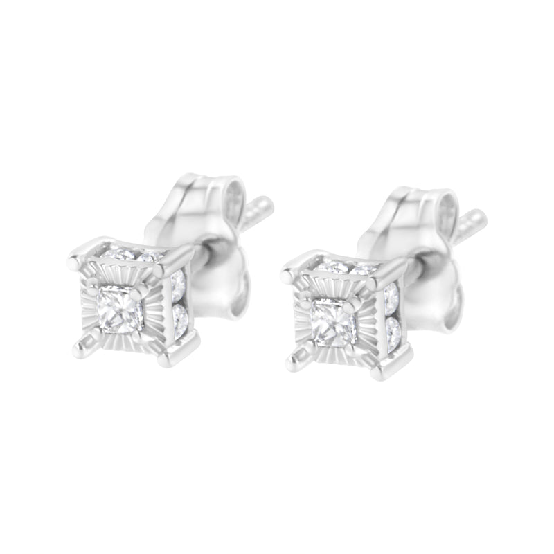 Bids.com .925 Sterling Silver 1/4 Cttw Miracle Set Princess-Cut Diamond Solitaire Stud Earrings with Hidden Halo (I-J Color, SI2-I1 Clarity) Earrings