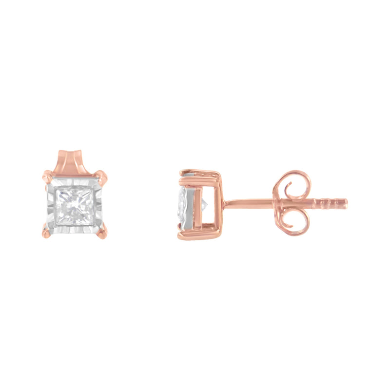 Bids.com 14K Rose Gold Plated Two-Tone .925 Sterling Silver 1/2 Cttw Princess-Cut Square Near Colorless Diamond Solitaire Miracle-Plate Stud Earrings (J-K Color, I2-I3 Clarity) Earrings