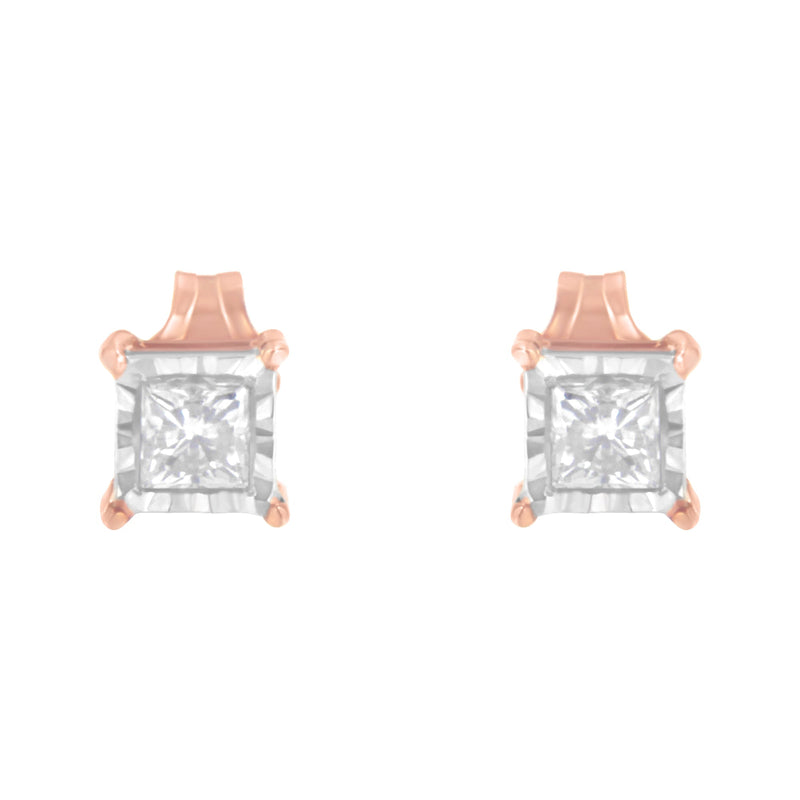 Bids.com 14K Rose Gold Plated Two-Tone .925 Sterling Silver 1/2 Cttw Princess-Cut Square Near Colorless Diamond Solitaire Miracle-Plate Stud Earrings (J-K Color, I2-I3 Clarity) Earrings