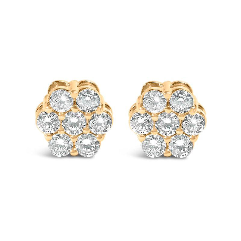 Bids.com 14K Yellow Gold 3/4 Cttw 7 Stone Floral Cluster Round Brilliant Cut Diamond Stud Earrings with Screw Backs (I-J Color, SI2-I1 Clarity) Earrings