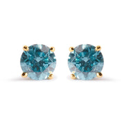 Bids.com 14K Yellow Gold 1.0 Cttw Treated Aqua Blue Diamond Classic Solitaire Stud Earrings (Aqua Blue Color, I2-I3 Clarity) Earrings
