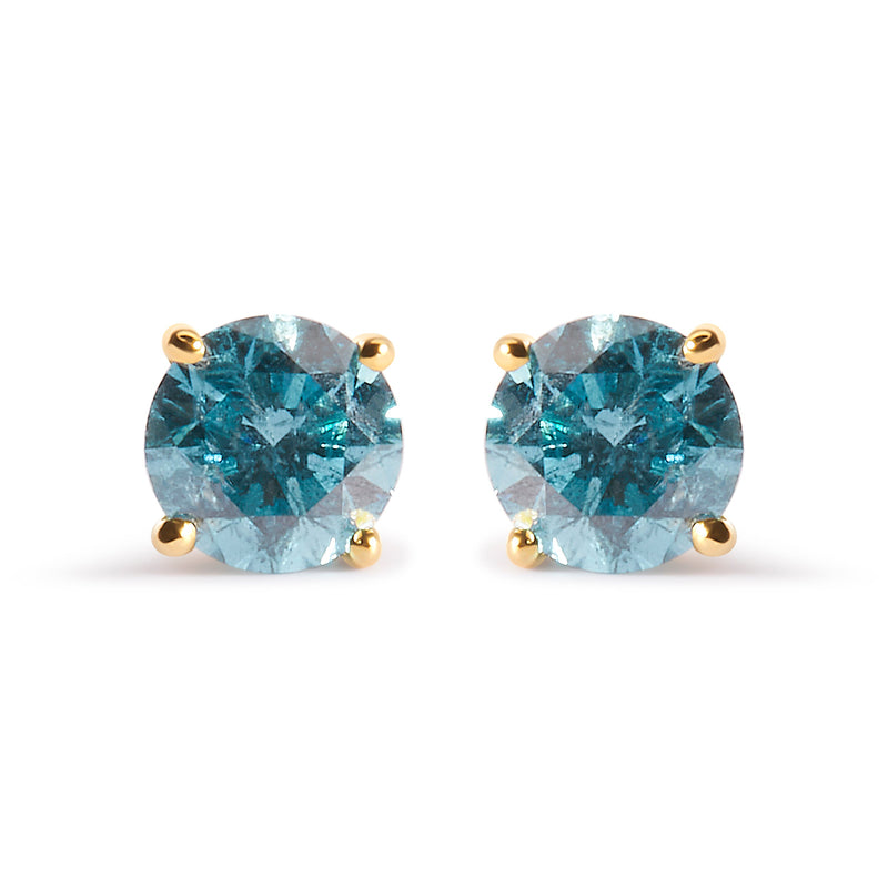 Bids.com 14K Yellow Gold 1.0 Cttw Treated Aqua Blue Diamond Classic Solitaire Stud Earrings (Aqua Blue Color, I2-I3 Clarity) Earrings