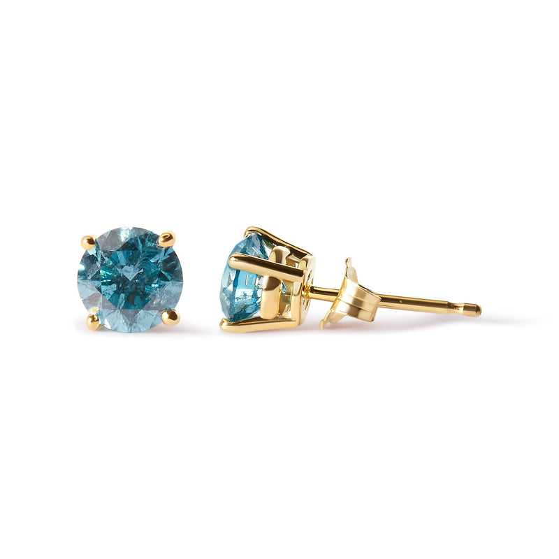 Bids.com 14K Yellow Gold 1.0 Cttw Treated Aqua Blue Diamond Classic Solitaire Stud Earrings (Aqua Blue Color, I2-I3 Clarity) Earrings