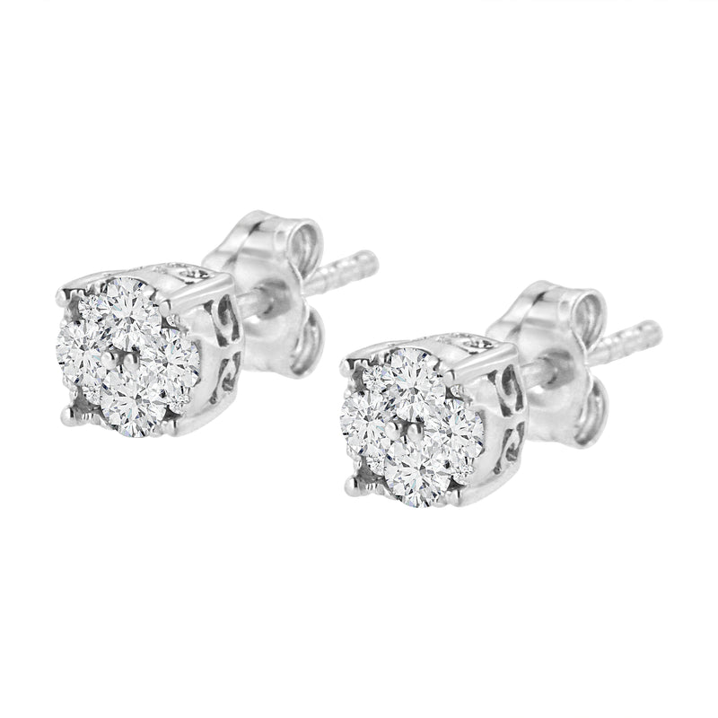 Bids.com .925 Sterling Silver 1/2 cttw Prong Set Round-Cut Diamond Cluster Stud Earring (I-J Color, I2-I3 Clarity) Earrings