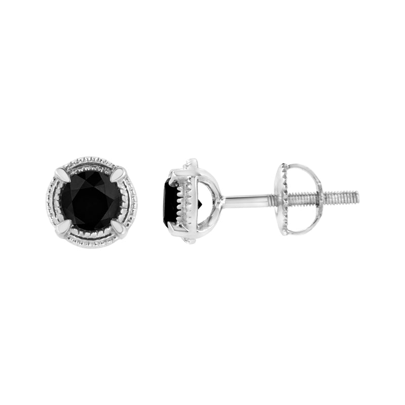 Bids.com .925 Sterling Silver 1 cttw Treated Black Diamond Modern 4-Prong Solitaire Milgrain Stud Earrings (Black Color, I1-I2 Clarity) Earrings