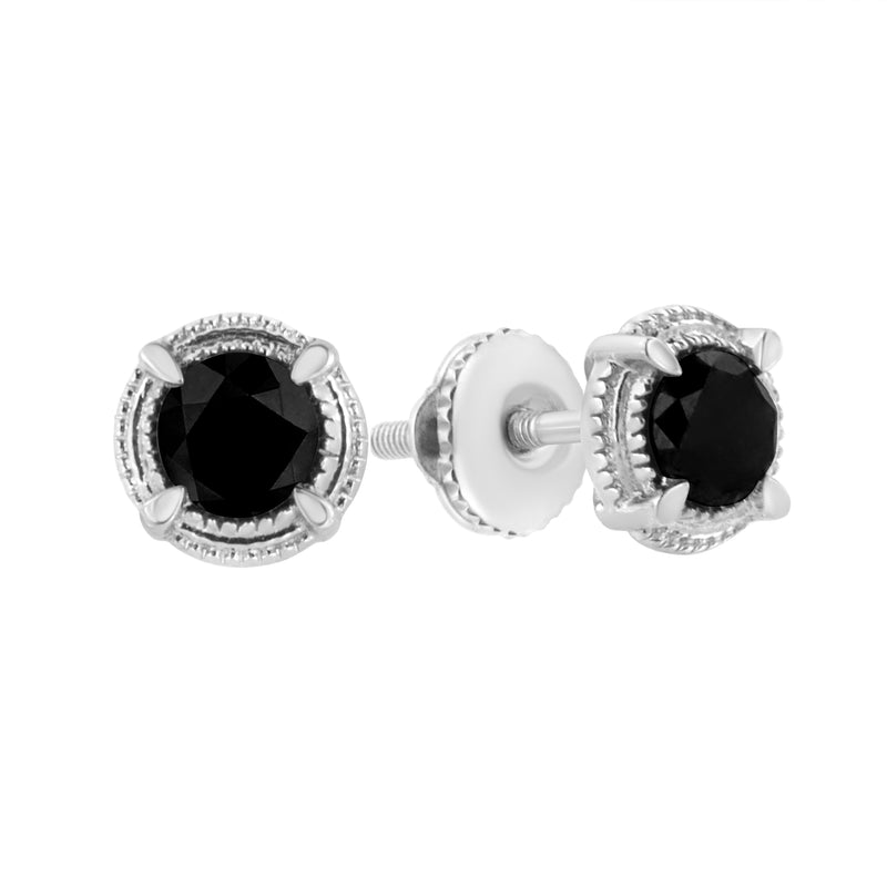 Bids.com .925 Sterling Silver 1 cttw Treated Black Diamond Modern 4-Prong Solitaire Milgrain Stud Earrings (Black Color, I1-I2 Clarity) Earrings