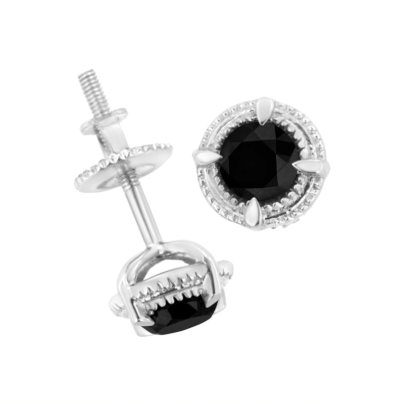 Bids.com .925 Sterling Silver 1 cttw Treated Black Diamond Modern 4-Prong Solitaire Milgrain Stud Earrings (Black Color, I1-I2 Clarity) Earrings
