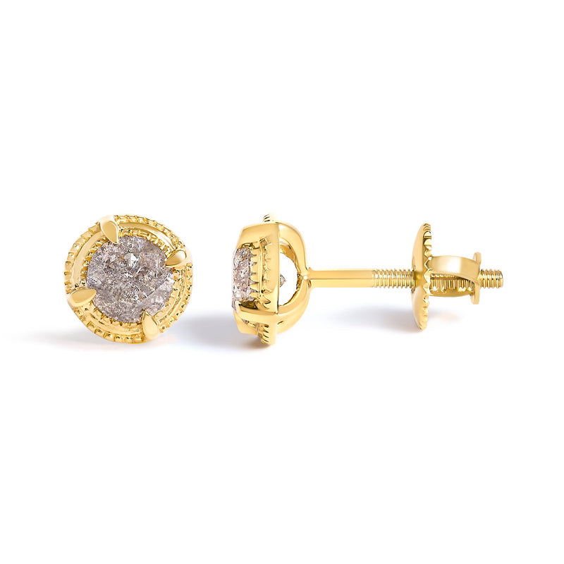 Bids.com 14K Yellow Gold Plated .925 Sterling Silver 1.0 Cttw Round Brilliant Cut Diamond Solitaire Milgrain Stud Earrings (K-L Color, I2-I3 Clarity) Earrings
