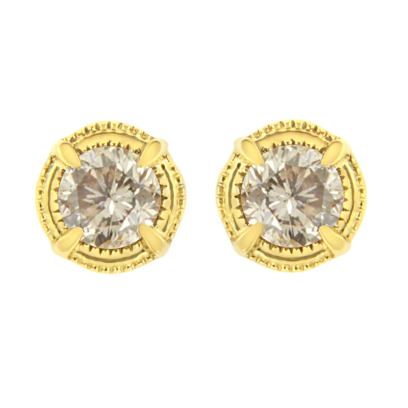 Bids.com 14K Yellow Gold Plated .925 Sterling Silver 1.0 Cttw Round Brilliant Cut Diamond Solitaire Milgrain Stud Earrings (K-L Color, I2-I3 Clarity) Earrings