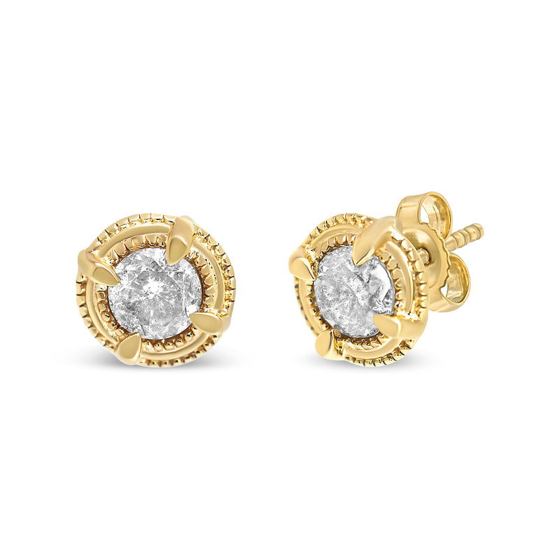 Bids.com 14K Yellow Gold Plated .925 Sterling Silver 1.0 Cttw Round Brilliant Cut Diamond Solitaire Milgrain Stud Earrings (K-L Color, I2-I3 Clarity) Earrings