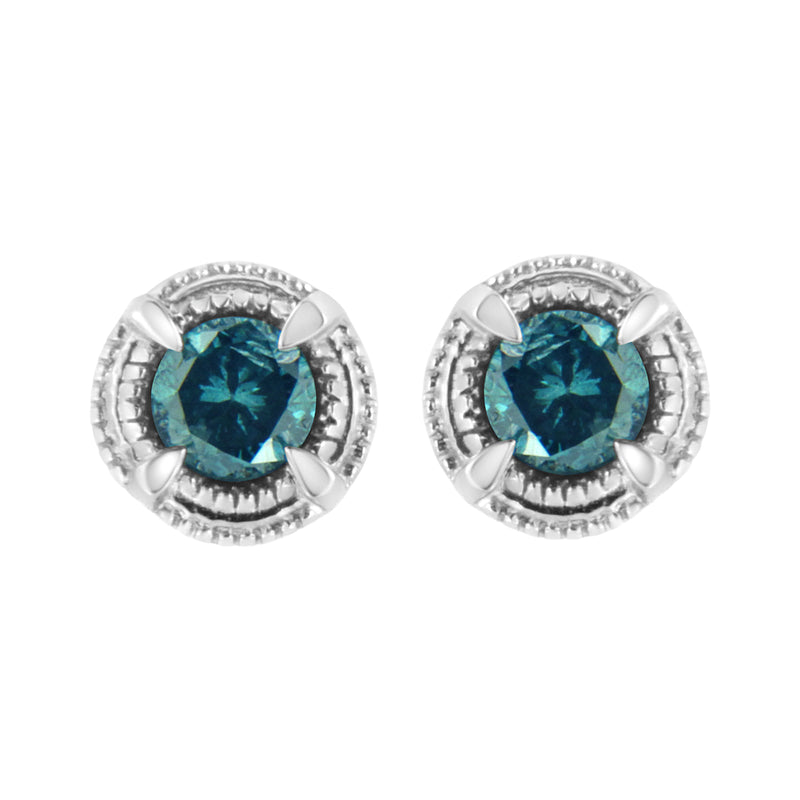 Bids.com .925 Sterling Silver 1 cttw Treated Black Diamond Modern 4-Prong Solitaire Milgrain Stud Earrings (Black Color, I1-I2 Clarity) Earrings