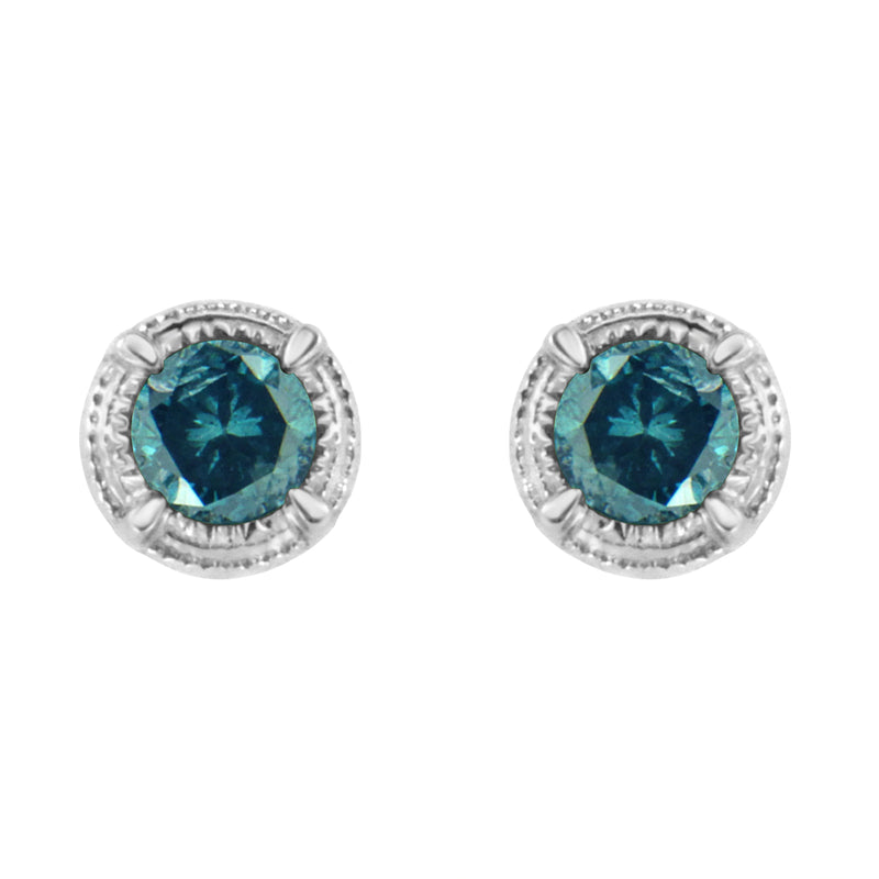 Bids.com .925 Sterling Silver 1 cttw Treated Black Diamond Modern 4-Prong Solitaire Milgrain Stud Earrings (Black Color, I1-I2 Clarity) Earrings