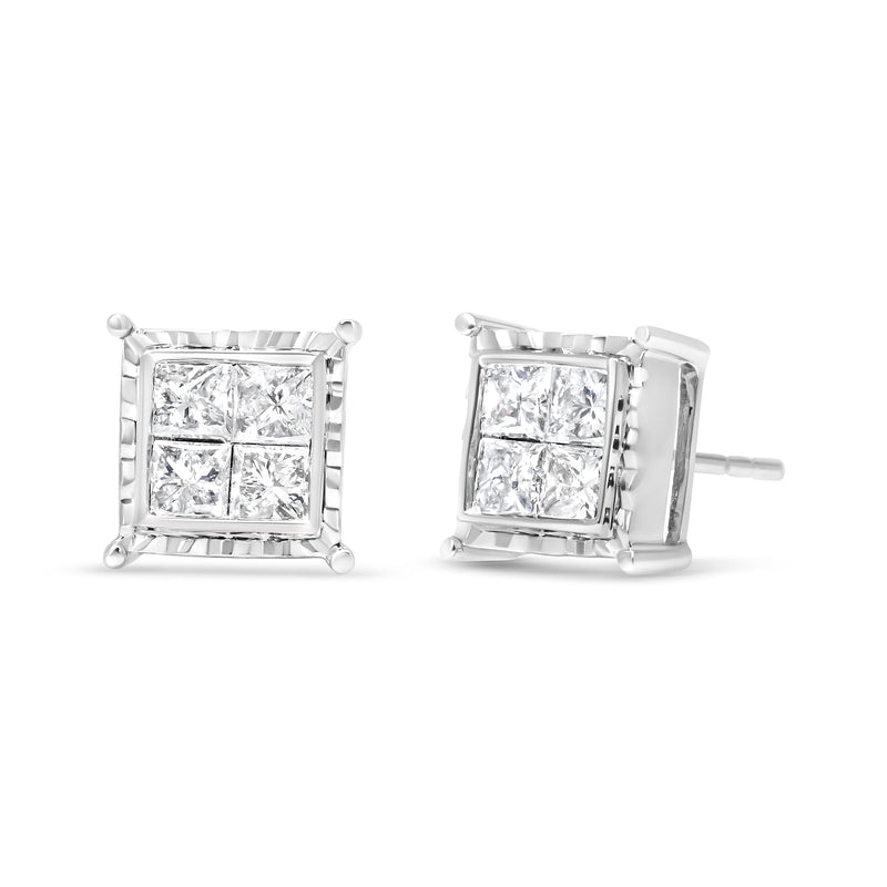 Bids.com 14K White Gold 1 1/2 Cttw Invisible Set Princess-Cut Diamond Contemporary Wavy Quad Stud Earrings (I-J Color, I1-I2 Clarity) Earrings