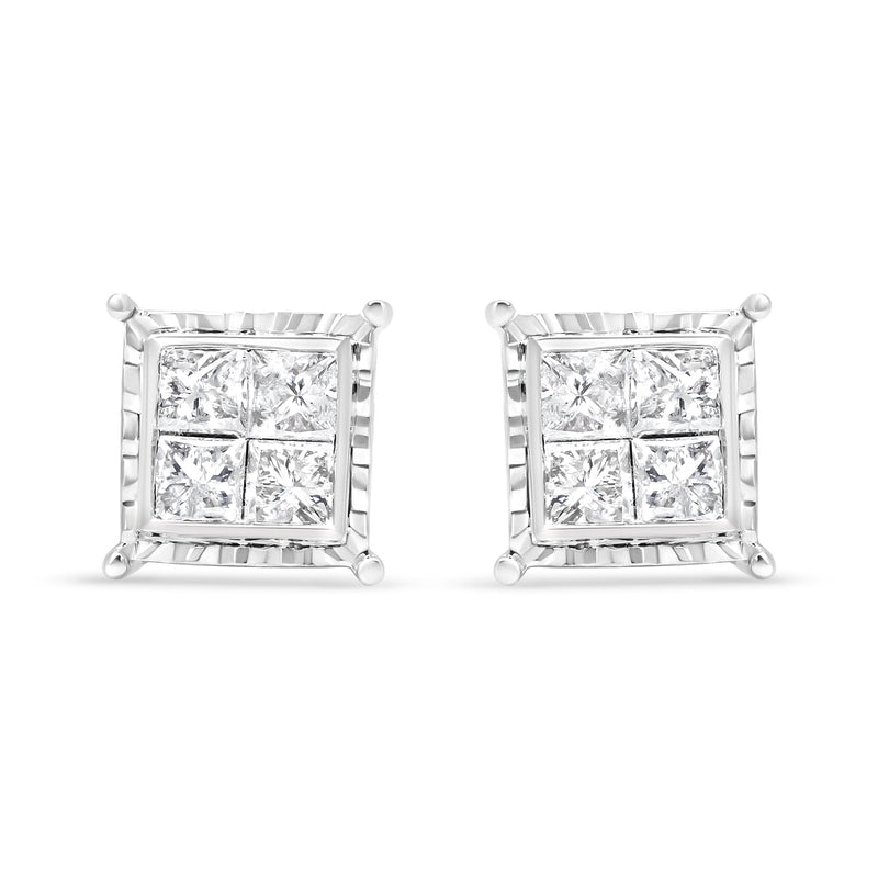 Bids.com 14K White Gold 1 1/2 Cttw Invisible Set Princess-Cut Diamond Contemporary Wavy Quad Stud Earrings (I-J Color, I1-I2 Clarity) Earrings