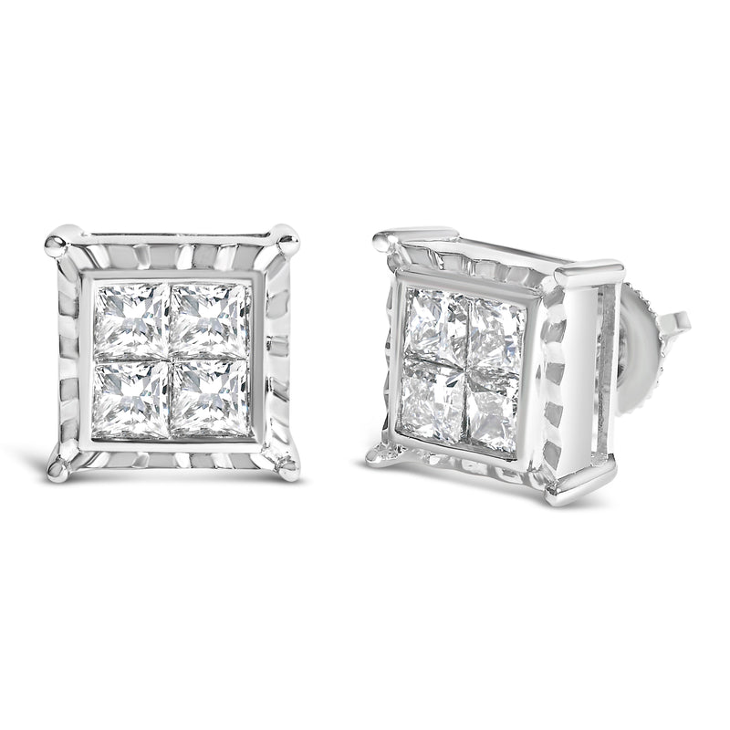 Bids.com 14K White Gold 2.00 Cttw Invisible Set Princess-Cut Lab Grown Diamond Wavy Quad Stud Earrings Earrings