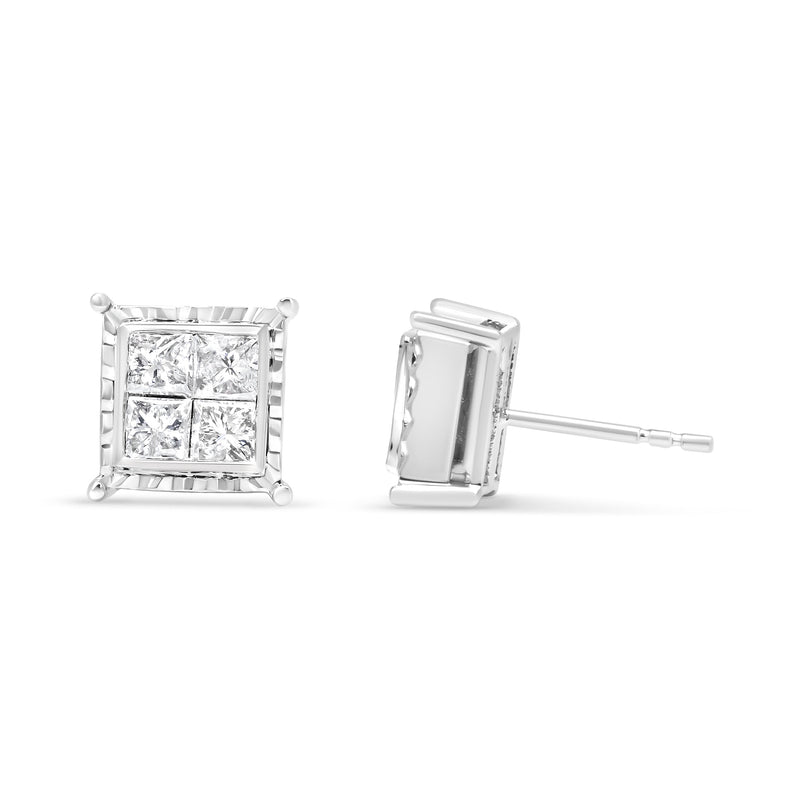 Bids.com 14K White Gold 1 1/2 Cttw Invisible Set Princess-Cut Diamond Contemporary Wavy Quad Stud Earrings (I-J Color, I1-I2 Clarity) Earrings