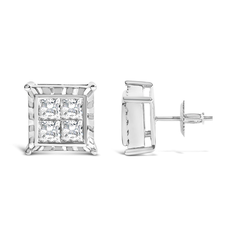 Bids.com 14K White Gold 2.00 Cttw Invisible Set Princess-Cut Lab Grown Diamond Wavy Quad Stud Earrings Earrings