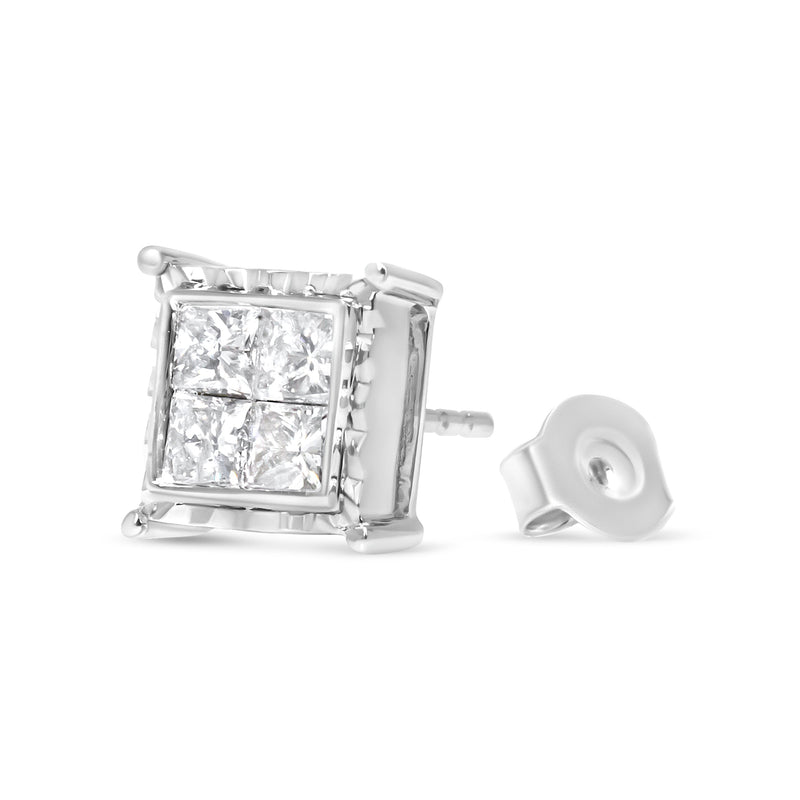 Bids.com 14K White Gold 1 1/2 Cttw Invisible Set Princess-Cut Diamond Contemporary Wavy Quad Stud Earrings (I-J Color, I1-I2 Clarity) Earrings