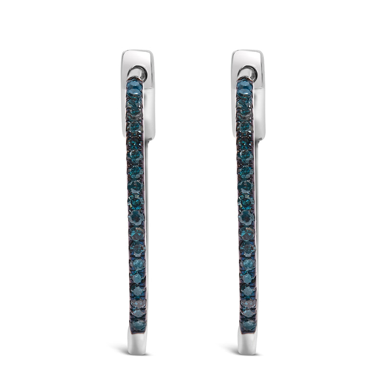 Bids.com .925 Sterling Silver 1/3 Cttw Inside Out Blue Treated Diamond 1MM Wide Hoop Earrings (Blue Color, I2-I3 Clarity) Earrings
