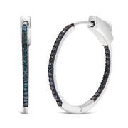 Bids.com .925 Sterling Silver 1/3 Cttw Inside Out Blue Treated Diamond 1MM Wide Hoop Earrings (Blue Color, I2-I3 Clarity) Earrings