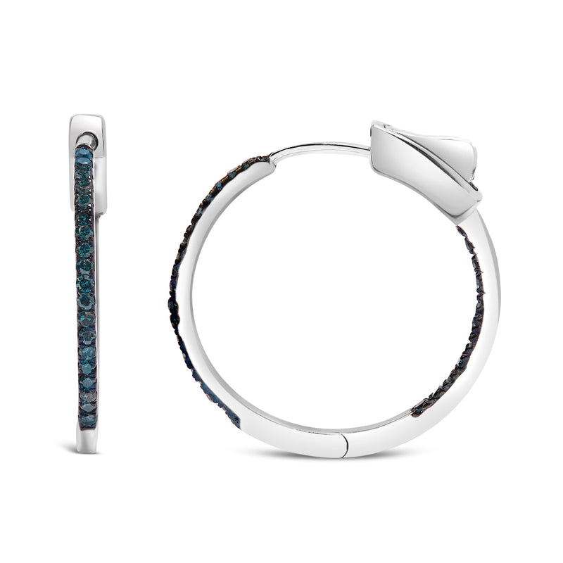 Bids.com .925 Sterling Silver 1/3 Cttw Inside Out Blue Treated Diamond 1MM Wide Hoop Earrings (Blue Color, I2-I3 Clarity) Earrings