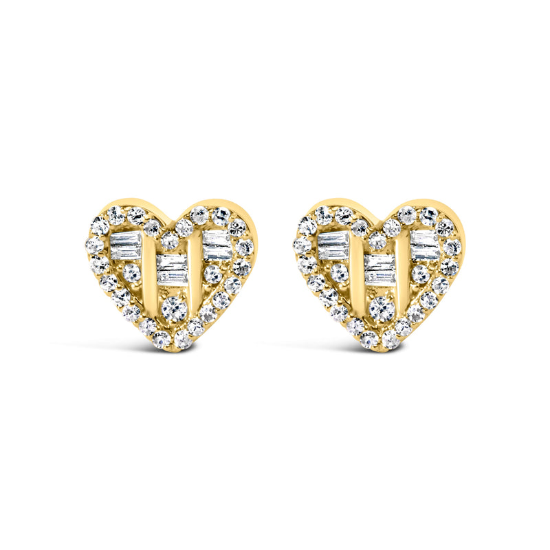 Bids.com 14K Yellow Gold Plated .925 Sterling Silver 1/2 Cttw Round and Baguette Diamond Composite Heart Shaped Stud Earring (I-J Color, SI2-I1 Clarity) Earrings
