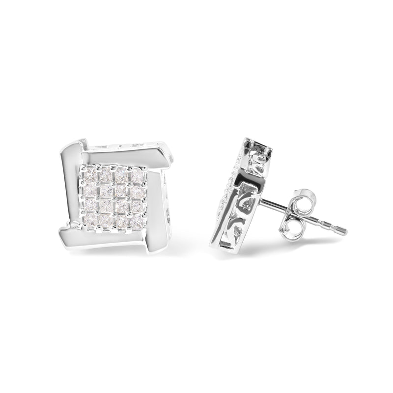 Bids.com 10K White Gold 1/2 Cttw Composite  Princess Diamond Square and Swirl Stud Earrings (I-J Color, I1-I2 Clarity) Earrings