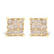 Bids.com 14K Yellow Gold 1 1/2 Cttw Invisible Set Princess-Cut Diamond 9 Stone Square Stud Earrings (J-K Color, SI2-I1 Clarity) Earrings