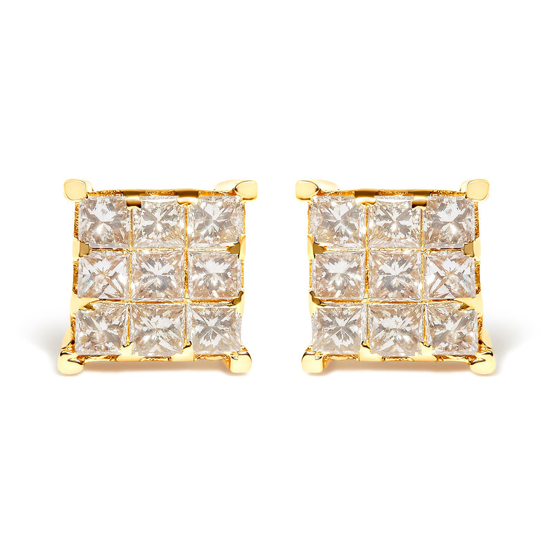 Bids.com 14K Yellow Gold 1 1/2 Cttw Invisible Set Princess-Cut Diamond 9 Stone Square Stud Earrings (J-K Color, SI2-I1 Clarity) Earrings
