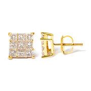 Bids.com 14K Yellow Gold 1 1/2 Cttw Invisible Set Princess-Cut Diamond 9 Stone Square Stud Earrings (J-K Color, SI2-I1 Clarity) Earrings