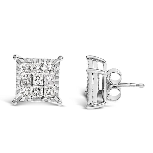 Bids.com Sterling Silver 1.0 Cttw Princess Diamond Composite Square Stud Earrings Earrings
