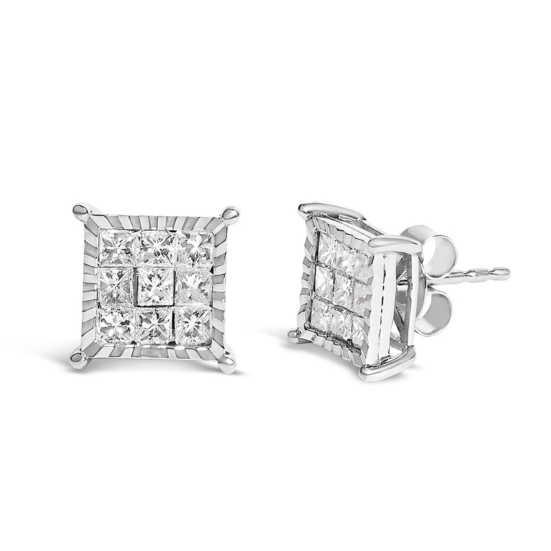 Bids.com Sterling Silver 1.0 Cttw Princess Diamond Composite Square Stud Earrings Earrings
