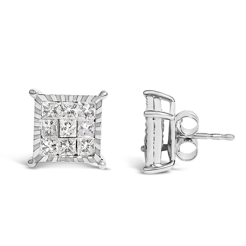 Bids.com Sterling Silver 1.0 Cttw Princess Diamond Composite Square Stud Earrings Earrings