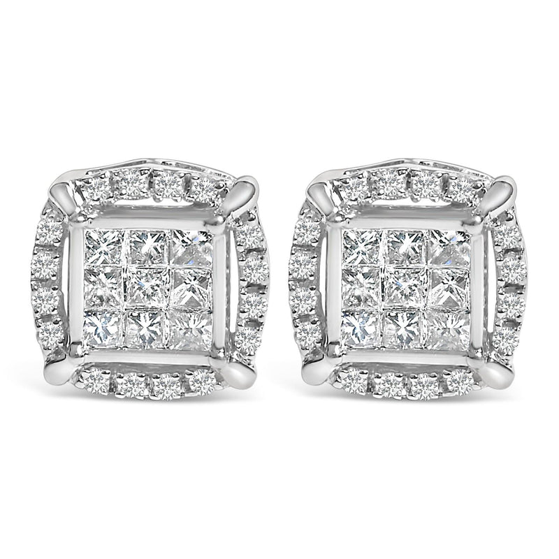 Bids.com Sterling Silver 1/2 Cttw Princess Cut Diamond Composite and Halo Stud Earrings Earrings
