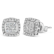 Bids.com Sterling Silver 1/2 Cttw Princess Cut Diamond Composite and Halo Stud Earrings Earrings